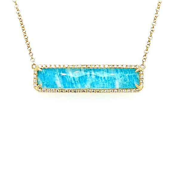 Picture of Yellow Gold Rectangle Amazonite Diamond Halo Necklace